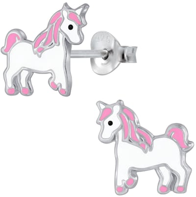 Joy|S - Zilveren eenhoorn oorbellen - roze wit -  unicorn paardje oorknoppen