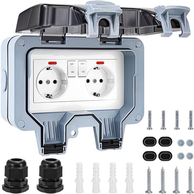 Buitenstopcontact - IP66 -Tuinstopcontact - Wandcontactdoos Opbouwcontactdoos met klapdeksel Buitenstopcontacten waterdicht -Weerbestendig 2 compartimenten