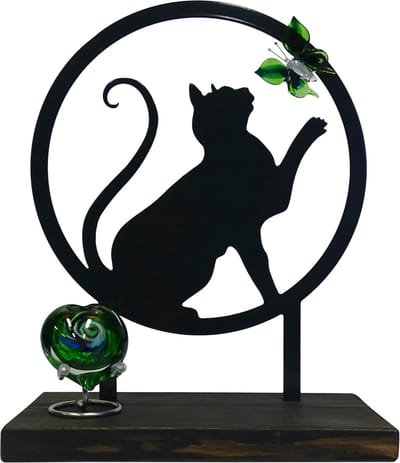Dieren urn - urn voor kat - gecoat staal (zwart) in houten sokkel - 28cm - huisdierenurn