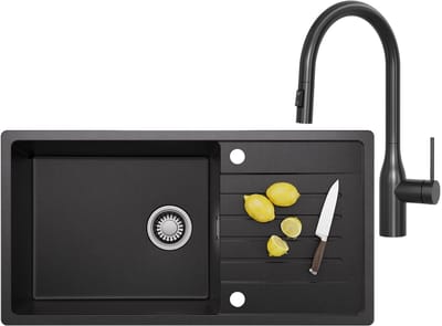 CECIPA MAX Spoelbak Met Kraangat - Granieten Keuken 86x45CM - Spoelbak Keuken Met Keukenkraan Met Uittrekbare Uitloop - Met Afdruiprek en Waterafvoersysteem - 80% Kwarts Zand Spoelbak Keuken - Zwart