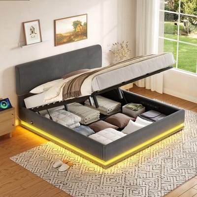 Moderne gestoffeerde bedden met ledverlichting en USB-C-oplaadfunctie, in hoogte verstelbaar hoofdeinde, corduroy bekleding, stevige lattenbodem, grote opbergruimte onder het bed en comfortabel gestoffeerd hoofdeinde. 180*200 Grijs