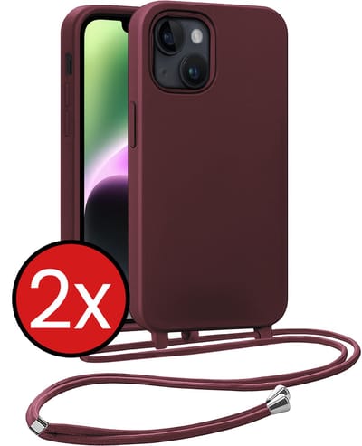 Hoesje Geschikt voor iPhone 13 Mini Hoesje Siliconen Case Met Koord - Hoes Geschikt voor iPhone 13 Mini Hoesje Backcover Met Telefoonkoord - Aubergine - 2 PACK