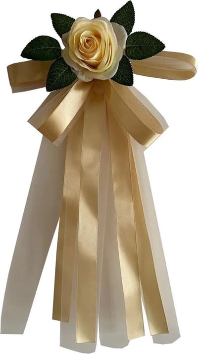 autodeco.nl SIA HONING KLEUR Handvatten Decoratie 4 stuks - Trouwauto Versiering - Honing Kleur Rozen met Linten en Tule - Bloemen voor op de Handvatten - Versiering Handvat Auto - Autoversiering voor Volgauto's