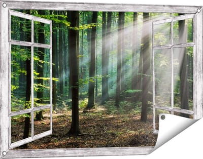 Gards Tuinposter Doorkijk Bos met Zon tussen de Bomen - 90x60 cm - Tuindoek - Tuindecoratie - Wanddecoratie buiten - Tuinschilderij