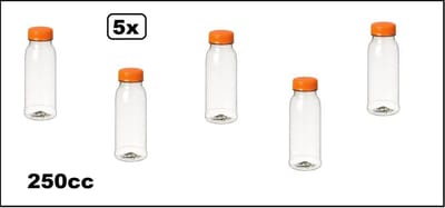 5x Flesje PET helder 250cc met oranje dop - drink fles vruchten sap limonade drank verjaardag festival drinken