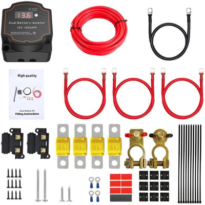 Dubbele Batterij Isolator - Relais Kit - Voertuig Accu Beheer - Automatisch met Voltmeter - 12V 140A - Zwart