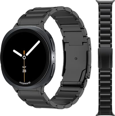 Stravo Titanium schakel horlogeband – Geschikt voor Samsung Galaxy Watch 9 (40/44mm) / Watch 8 (40/44mm) / 8 Classic (46mm) – Hoogwaardig titanium bandje met veiligheidsdruksluiting, inclusief inkortset – Zwart