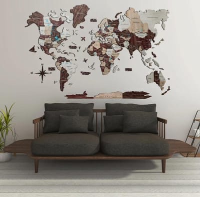 Houten Wereldkaart 3D - Cappuccino - M (100 x 60 cm)