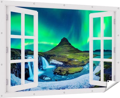 Gards Tuinposter Doorkijk Noorderlicht bij de Watervallen in IJsland - 180x120 cm - Tuindoek - Tuindecoratie - Wanddecoratie buiten - Tuinschilderij