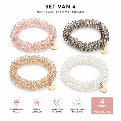 Haarelastieken met Kralen – Set van 4 – Meerkleurige Dames Haaraccessoires – Transparant, Roze, Grijs & Brui