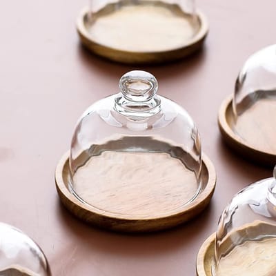 Ronte - Glazen dessert kaas cloche met houten dienblad - Set van 2 - Diverse kleuren - 10,5 x 10,5 cm - Stijlvol serveren - Voor desserts en kaasplankjes