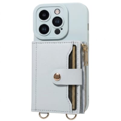 Lichtblauw telefoon hoesje met portemonnee en rits geschikt voor iPhone 16 Pro – kunstleer beschermende wallet case voor dames en heren met pasjeshouder, druksluiting, draagkoord bevestiging en standaard functie