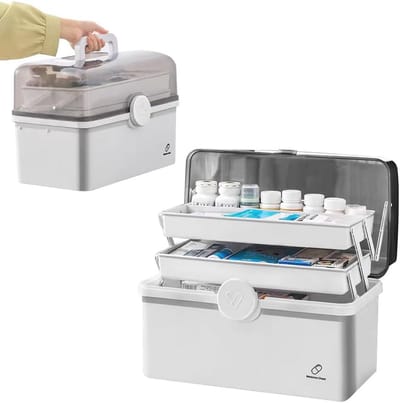 LPAMABA Huisapotheekdoos, medicijnenopslag, groot, medicijnkoffer, EHBO-koffer, medicijnbox, multifunctionele opbergdoos, apotheekbox met draaggreep, 34 x 21,5 x 19 cm