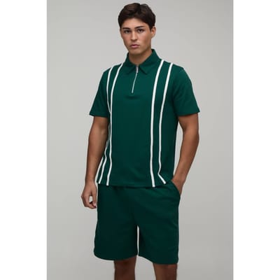 Regular Fit Polo & Jersey Short Set Met Rits En Strepen | Forest | Size XS