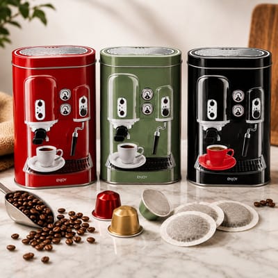Set van 3 Metalen Voorraadblikken Koffie Design – Decoratieve Koffieblikken met Reliëf – Rood Groen Zwart – 13,5 x 7,5 x 19 cm