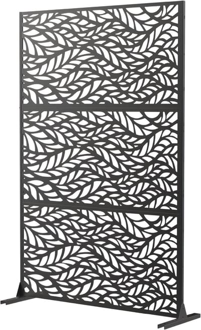Metalen Privacyscherm 183 cm - Voor Balkon, Terras & Binnen - Vrijstaand Decoratief Tuinscherm / Kamerdeler met Standaard - Zwart-Leaves