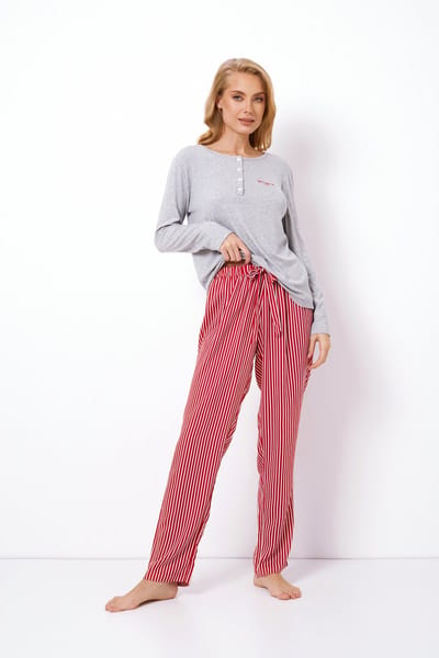 Dames Pyjama Camy-Comfortabele Set-Zachte Top van Katoen & Viscose Broek-Relaxte Pasvorm-Rood-Grijs-Maat L