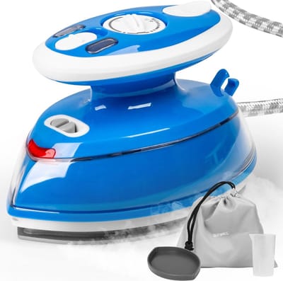 Aurixi® Reisstrijkijzer - Draagbare strijkmachines - Mini Strijkijzer - Stoomstrijkijzer Travel - Inklapbaar - Sprayfunctie - Stomend Effect - Travel Iron - Strijkijzer - Reisstrijkijzer Klein – Wit/Blauw-15cm x 8cm x 1cm