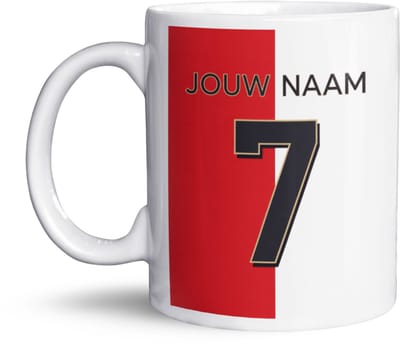 NietMokken.nl - Gepersonaliseerde Rotterdam Voetbal Mok – Eigen Naam & Rugnummer – Rood-Wit Voetbal Design – Keramische Koffiemok 325 ml – Vaatwasser- & Magnetronbestendig – Aan beide zijden bedrukt