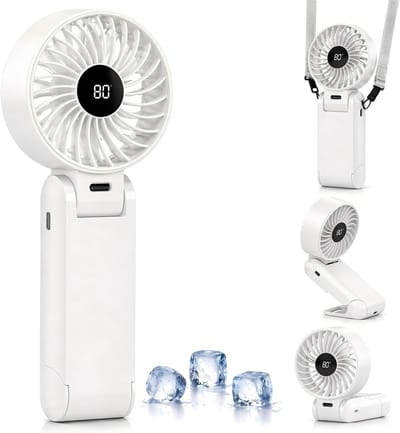 Deze draagbare ventilator combineert de functies van een handventilator, tafelventilator en nekventilator in één. Hij beschikt over een drie-in-één ontwerp, USB-opladen, vijf windsnelheden, een accuduur van 6-12 uur.