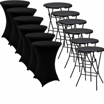 Alora 6x Zwarte Statafel + Zwarte Statafelrok x 6 – ø80 cm x 110 cm hoog - Cocktailtafel - Hoge staan tafel - Breed Blad - Inclusief zwarte Statafelhoes - Staantafelrok Stretch - Bartafel rond - Sta tafel Horeca