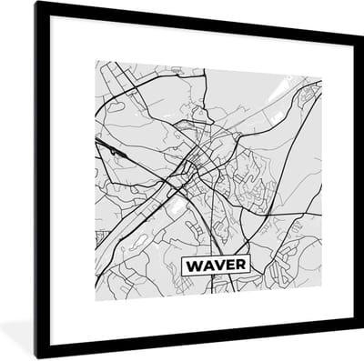 Fotolijst incl. Poster Zwart Wit- Kaart – Plattegrond – Stadskaart – Waver – België – Zwart Wit - 40x40 cm - Posterlijst