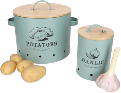 MamboCat 2-delig set knoflook- en aardappelenpot FRESH Mint van metaal en bamboe – 10899 & 10893