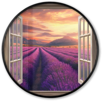 Poster in lijst Rond - Fotolijst 60x60 cm - Posters - Doorkijk - Lavendel - Landschap - Bloemen - Paars - Ronde posterlijst zwart - Decoratie - Wanddecoratie woonkamer - Muurdecoratie slaapkamer