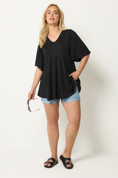 Yours Top In Swingstijl Met Engelmouwen & Plooidetail In Zwartsize 42