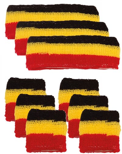 Faram Party Zweetbandjes set - 3x - zwart/geel/rood - verkleed accessoires - hoofd en pols - Belgie supporters