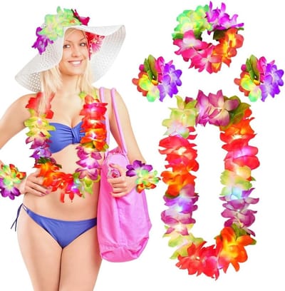 Luminous Hawaiian Flower Necklace met bijpassende Armband en Hoofdband, Tropische Versiering voor Feesten en Strandactiviteiten voor Kinderen en Volwassenen