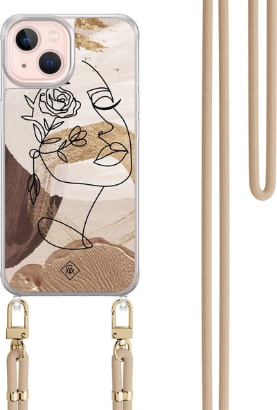 Casimoda® hoesje met beige koord - Geschikt voor iPhone 13 - Abstract Gezicht Bruin - Afneembaar koord - TPU/acryl - Bruin/beige