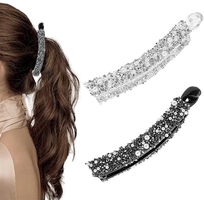 Dailygoods- Haarspeld Antislip - Vintage Banaan Haarspeld - Strass Parel Haarspeld - Paardenstaart Houder - Set van 2 - Voor Dik/Fijn Haar - Haarclip