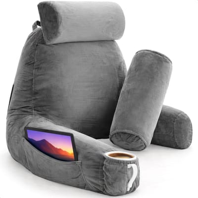 Leeskussen voor in bed - Goede houding in bed - Met 3 opbergvakken - Rugkussen voor onderrug - Bookseat voor bank - Grijs - Soft & Silky