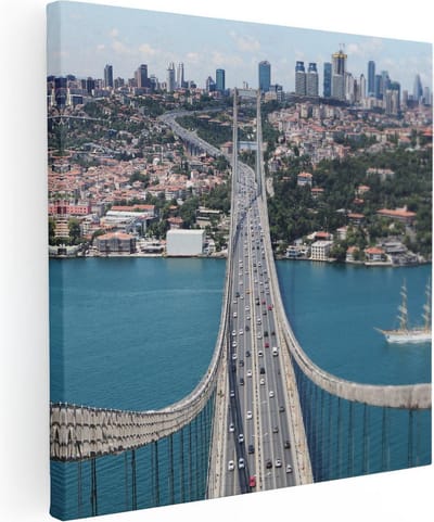 Artaza Canvas Schilderij Skyline Istanbul - 30x30 cm - Klein - Wanddecoratie Brug - Muurdecoratie Zeilboot - Kamer Accessoires Stad