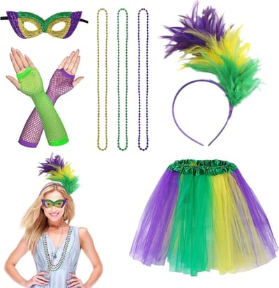Mardi Gras Kostuum Accessoire Set met Veer Haarband, Tutu Rok, Masker, Net Handschoenen en Parelketting voor Vrouwen - Feestelijke Outfit voor Carnaval en Themafeesten