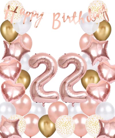 Snoes Ballonnen 22 Jaar Rose Gold White Dots - Compleet Feestpakket met cijfer ballon 22 Jaar - Verjaardag Versiering Slinger Happy Birthday – Folieballon – Latex Ballonnen - Helium Ballonnen - Rose Feestpakket
