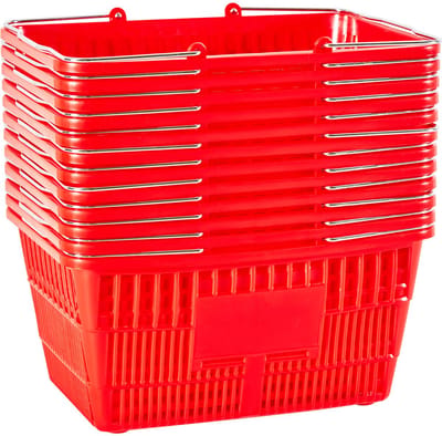 Set van 12 stapelbare plastic boodschappenmanden van 21 liter met metalen handvatten, duurzaam gaasontwerp, draagvermogen tot 9,07 kg, ideaal voor boodschappen, detailhandel, supermarkten en thuisgebruik, rood