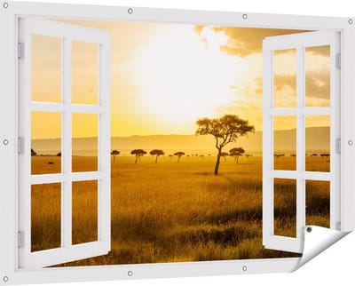 Gards Tuinposter Doorkijk Zonsondergang in de Savanne - 150x100 cm - Tuindoek - Tuindecoratie - Wanddecoratie buiten - Tuinschilderij