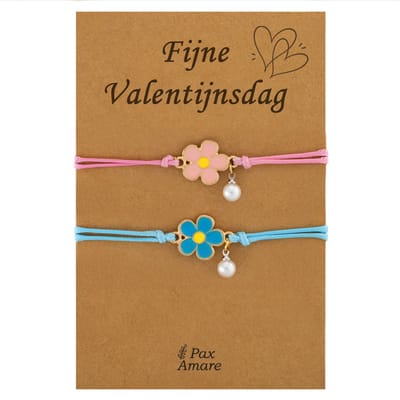 Koppel Armbandjes voor 2 "Fijne Valentijnsdag" - Bloemetjes - Vriendschapsarmbandjes met Persoonlijk Cadeau Kaartje - Blauw & Roze - Elastisch Verstelbaar - Pax Amare