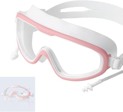 Zwembrillen - Zwembrillen met groot montuur voor volwassenen, anti-condens - Transparante anti-condens duikbril - Zwembrillen met UV-bescherming - Lekvrij ontwerp - Unisex - Geschikt voor zwembaden, open water, etc. - Roze, wit