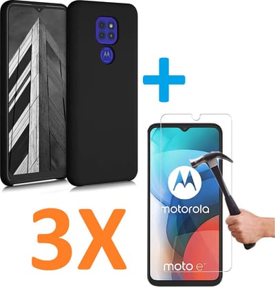 Soft TPU Zwart hoesje Silicone Case + 3 stuks Glas Screenprotector Geschikt voor: Motorola Moto E7