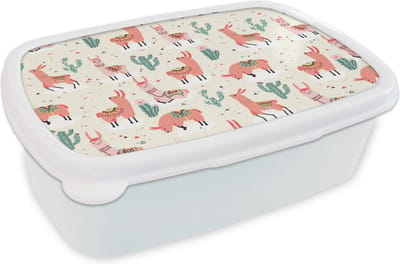 Broodtrommel Wit - Lunchbox - Brooddoos - Lama - Patronen - Cactus - 18x12x6 cm - Volwassenen