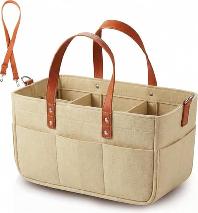 30L Tas van vilt, boodschappentas met vakken, vilten tas voor buitentrips, picknick, winkelen, opbergen - Khaki/ 40x27x27 cm