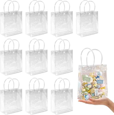 Doorzichtige PVC-cadeauzakken met handvatten - 10 stuks mini-feestgunstzakjes Transparante plastic cadeauzak voor feestjes 5,9 x 6,29 inch Tote Goodie Bag Bulk PVC-plastic zakken met handvatten voor cadeaus