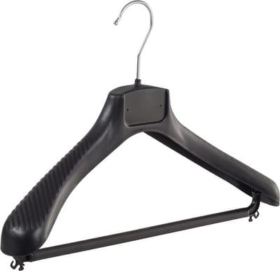 De Kledinghanger Gigant - Mantelhanger - Kostuumhanger - Jassenhanger - Volwassenen - FG39 - 50 Stuks - Kunststof - Zwart - Gebogen Model - Schouderverbreding 6 cm - Broeklat - 39 cm - Kledinghanger - Kleerhanger - FG-Serie (FG39/B_00/50)