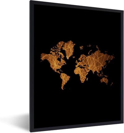 Poster in lijst - Fotolijst 60x80 cm - Posters - Wereldkaart - Goud - Lijnen - Posterlijst zwart - Decoratie - Wanddecoratie woonkamer - Muurdecoratie slaapkamer