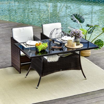 Tuintafel - Eettafel Met Veiligheidsglas En Opbergblad - Voor Tuin En Terras Binnen En Buiten - Metaal En Polyrattan - 150x85x74 Cm - Bruin Zwart