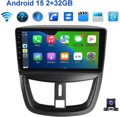 ESSGOO Autoradio Geschikt voor Peugeot 207 2006-2015 - Android 15 - 2 GB+32 GB - GPS-navigatie - Carplay en Android auto - 2005 2006 2007 2008 2009 2010 2011 2012 2013 2014 2015 - Bluetooth FM RDS Wifi - 2 DIN - Achteruitrijcamera