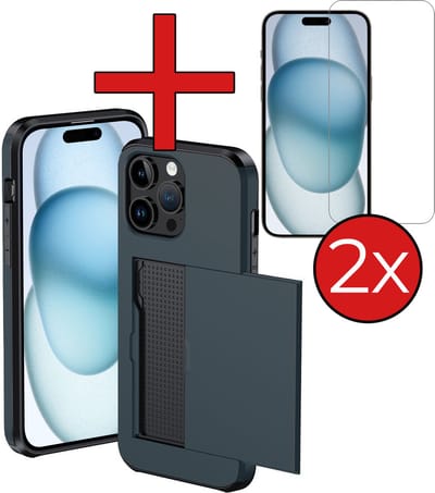 Hoesje Geschikt voor iPhone 15 Pro Hoesje Met Pasjeshouder Hard Case Met Kaarthouder Met 2x Screenprotector - Hoes Geschikt voor iPhone 15 Pro Hoesje Pashouder Case - Donkerblauw